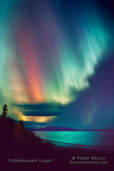 The auroras borealis were going all night long and are seen here dancing over Mt. Susitna,locally known as 