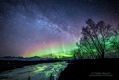 Snow-capped Denali, Alaska's crown jewel and tallest peak, glows under the radiant brilliance of an exquisite aurora display just after midnight.