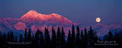 Timing is everything, whether it's planned, or stumbled upon by pure luck.  The rising sun lights Mt. McKinley as the moon sets for the night.